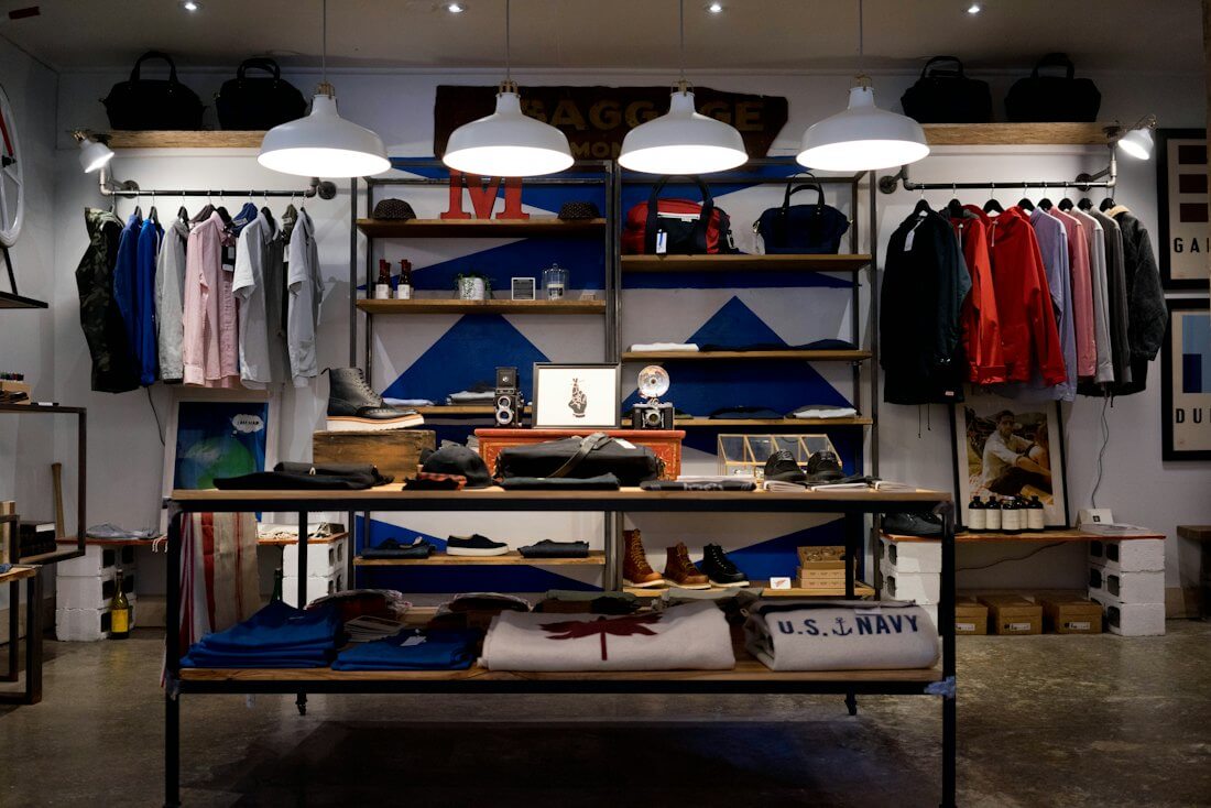 Clothing boutique with shelves of products